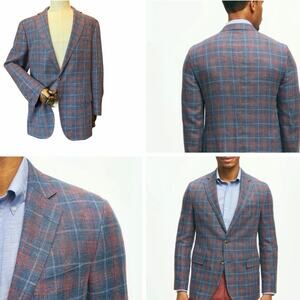 Brooks Brothers 1818 Drago Sport Coat Blazer Men 46L Blue Window Pane Linen Wool